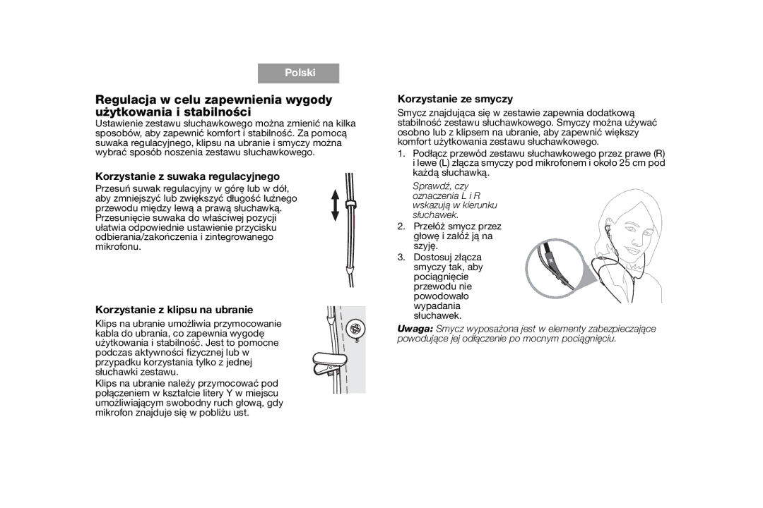 Bose AM316835 manual Korzystanie z suwaka regulacyjnego, Korzystanie z klipsu na ubranie, Korzystanie ze smyczy 