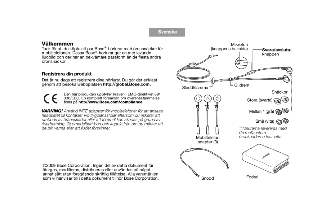 Bose AM316835 manual Välkommen, Registrera din produkt, Svara/avsluta 