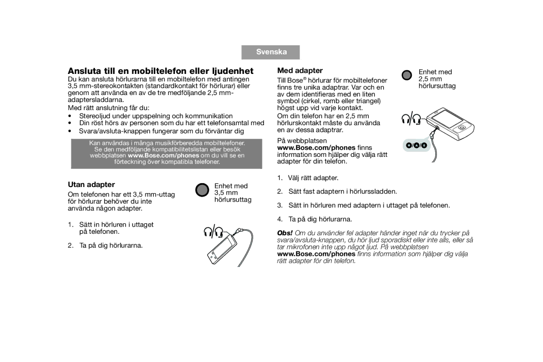 Bose AM316835 manual Ansluta till en mobiltelefon eller ljudenhet, Utan adapter 