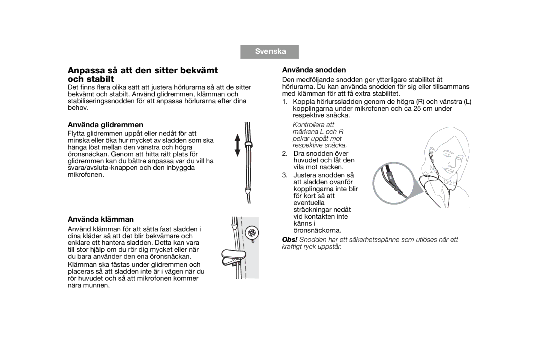 Bose AM316835 manual Anpassa så att den sitter bekvämt och stabilt, Använda snodden, Använda glidremmen, Använda klämman 