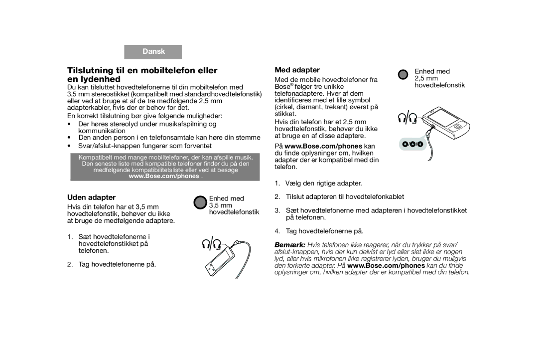 Bose AM316835 manual Tilslutning til en mobiltelefon eller en lydenhed, Med adapter, Uden adapter 