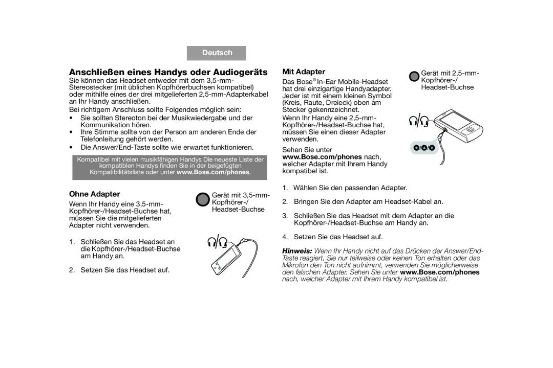 Bose AM316835 manual Anschließen eines Handys oder Audiogeräts, Deutsch, Español, Suomi, Mit Adapter, Ohne Adapter 