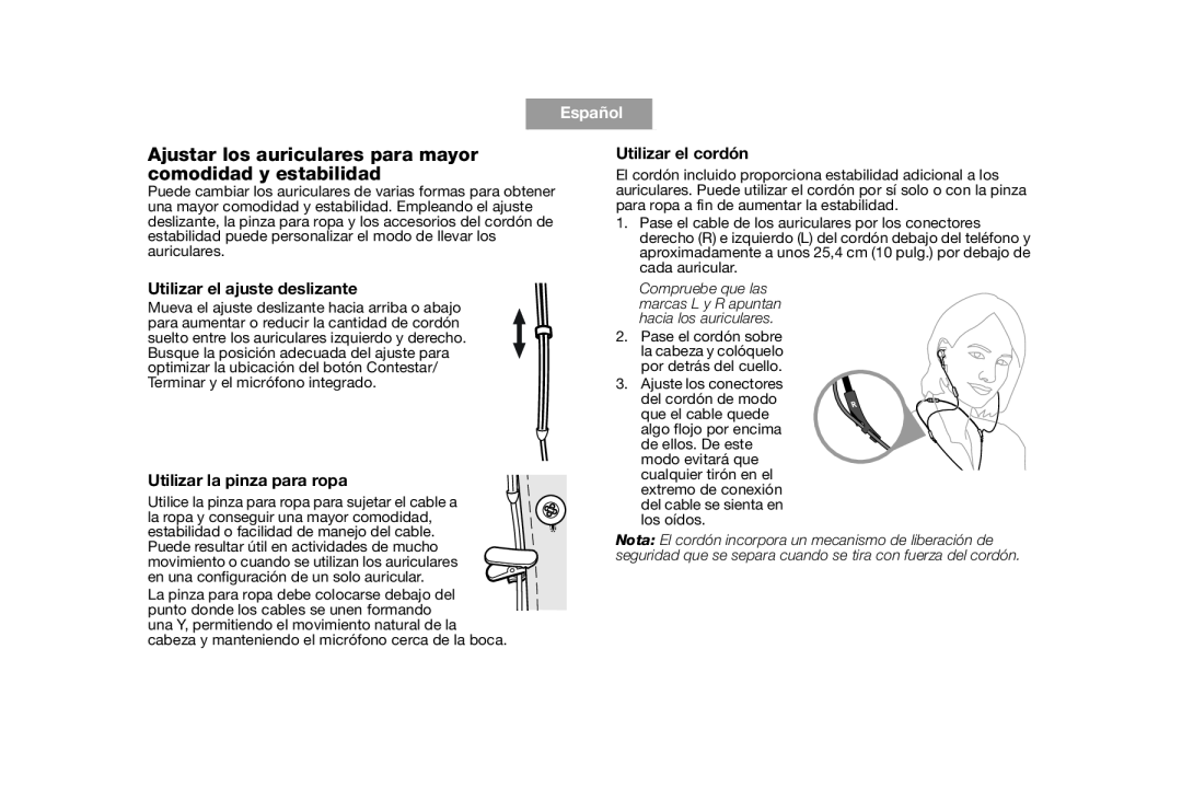 Bose AM316835 manual Español, Tab, Utilizar el cordón, Utilizar el ajuste deslizante, Utilizar la pinza para ropa 