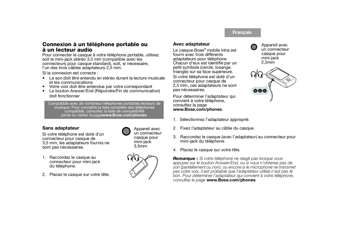 Bose AM316835 manual Tab, Français, Avec adaptateur, Sans adaptateur 