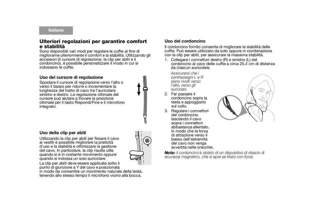Bose AM316835 manual Italiano, Tab, Uso del cursore di regolazione, Uso della clip per abiti, Uso del cordoncino 