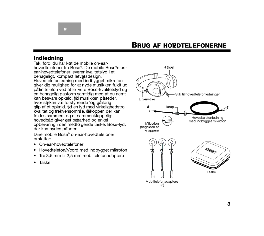 Bose AM319137 manual Brug AF Hovedtelefonerne, Indledning 