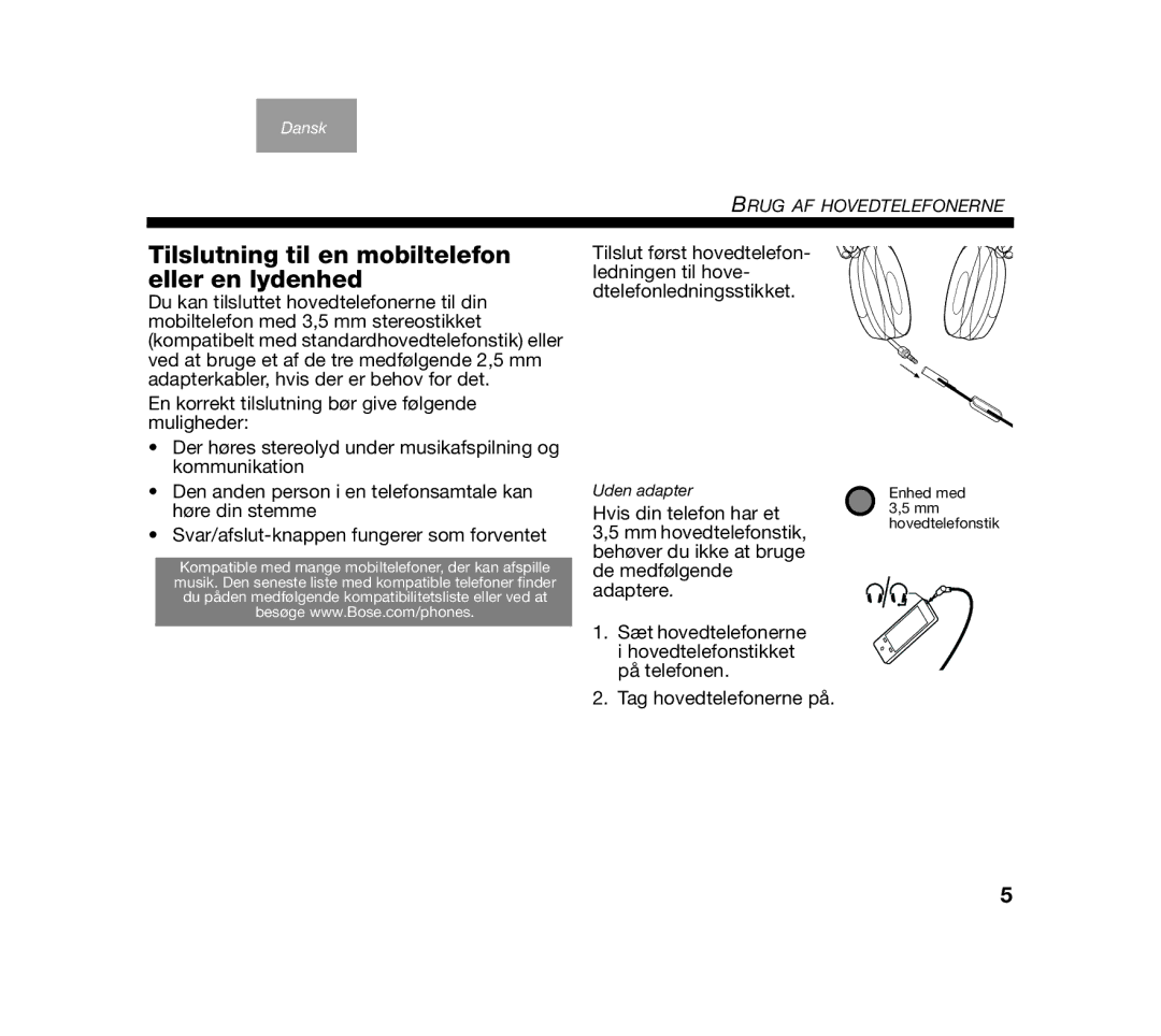 Bose AM319137 manual Tilslutning til en mobiltelefon eller en lydenhed 