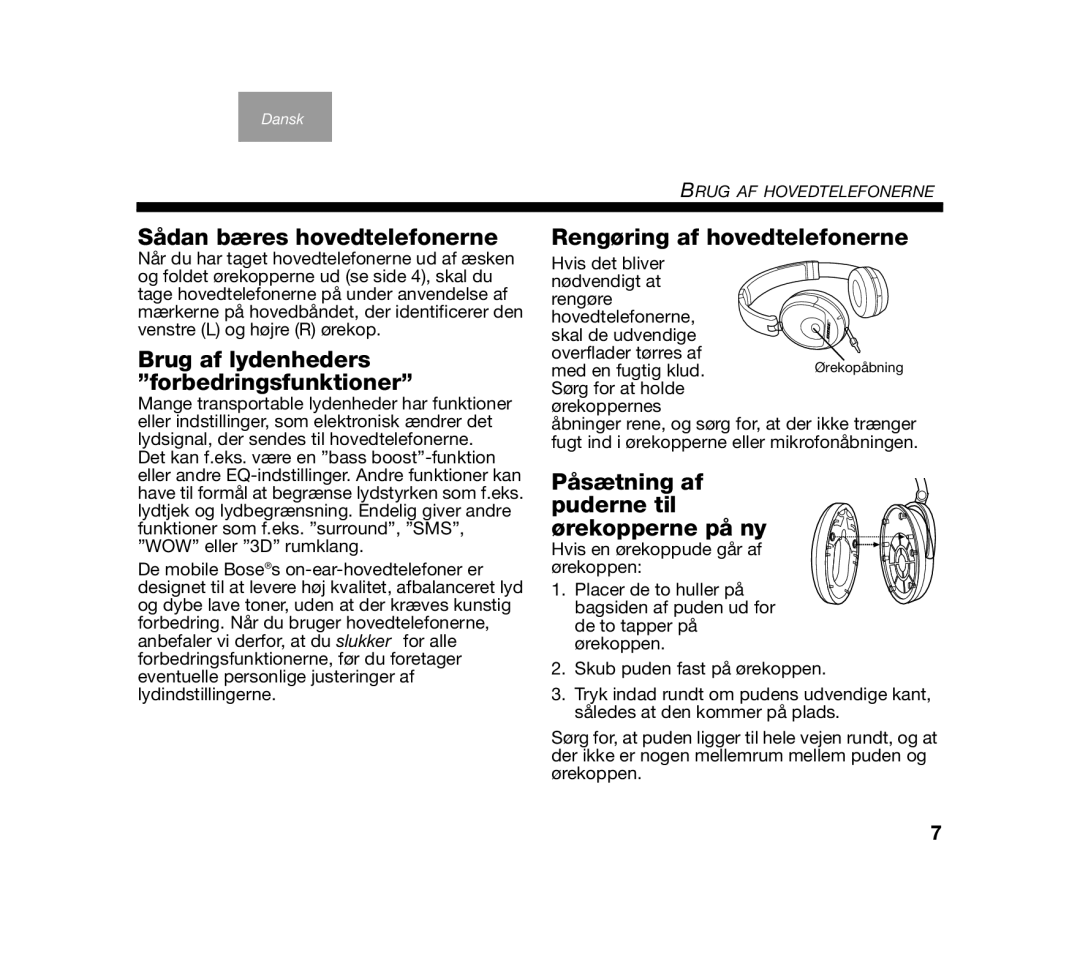 Bose AM319137 manual Sådan bæres hovedtelefonerne, Brug af lydenheders forbedringsfunktioner, Rengøring af hovedtelefonerne 