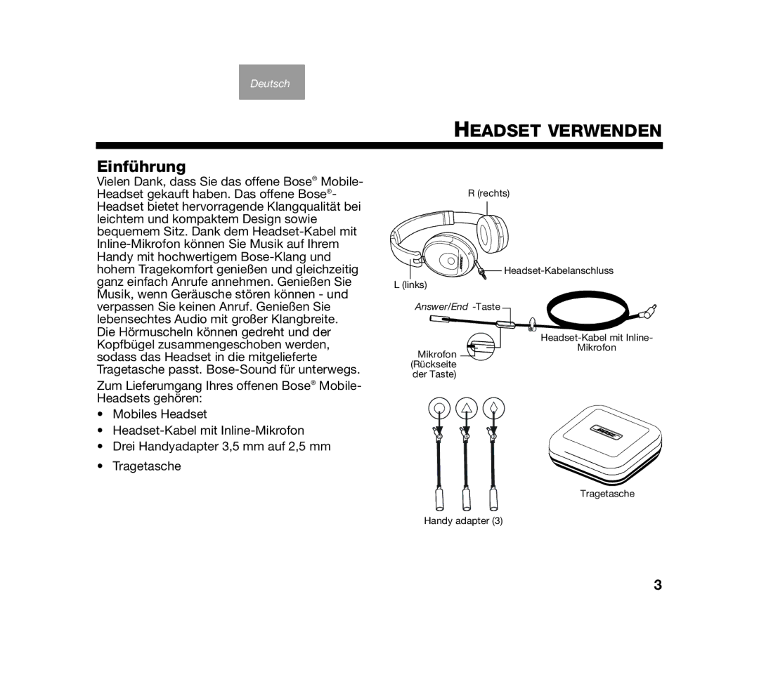 Bose AM319137 manual Headset Verwenden, Einführung 