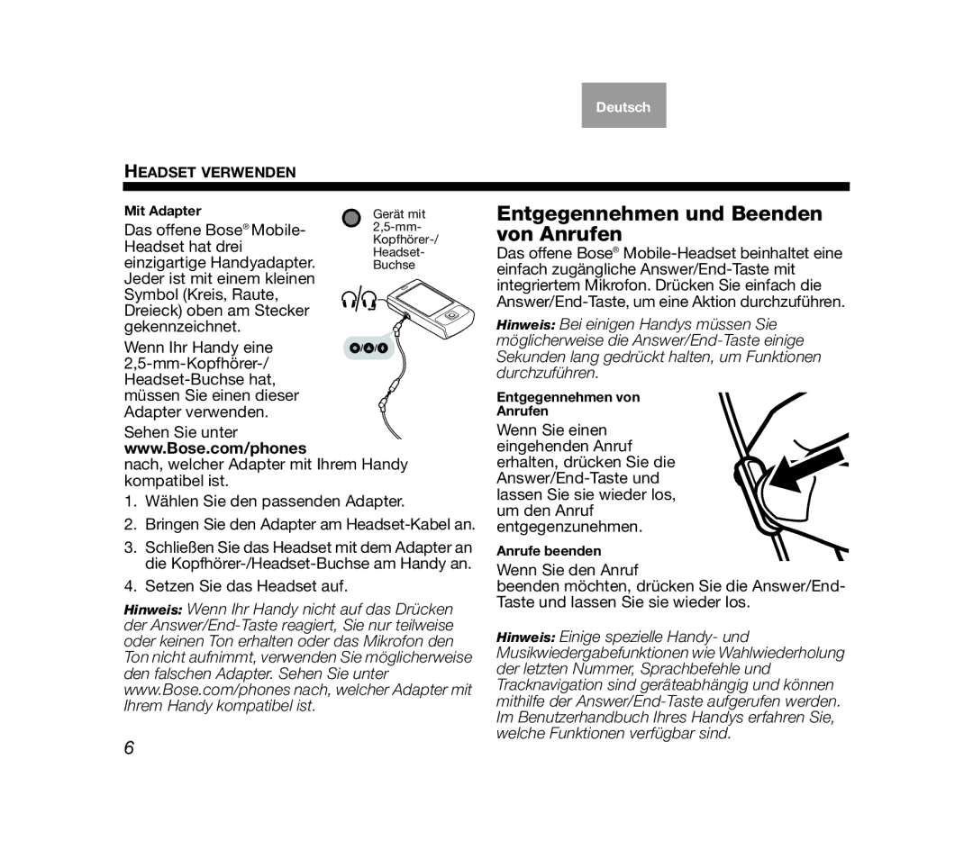 Bose AM319137 manual Entgegennehmen und Beenden von Anrufen 