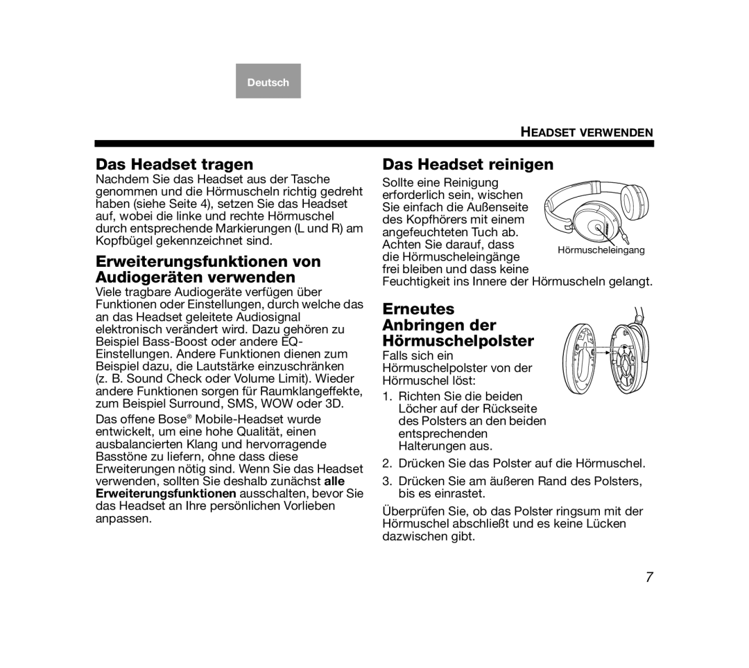 Bose AM319137 manual Das Headset tragen, Erweiterungsfunktionen von Audiogeräten verwenden, Das Headset reinigen 