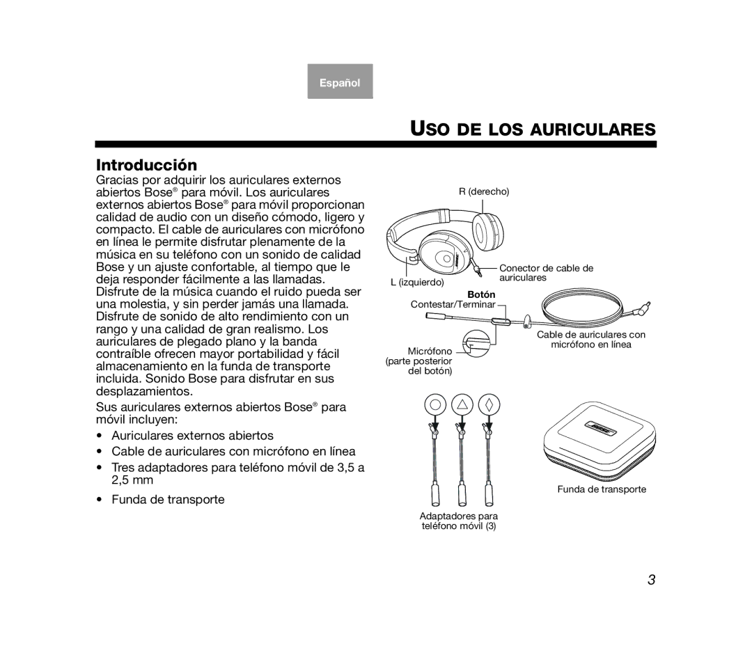 Bose AM319137 manual USO DE LOS Auriculares, Introducción 