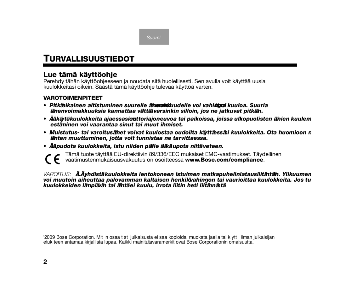 Bose AM319137 manual Turvallisuustiedot, Lue tämä käyttöohje 