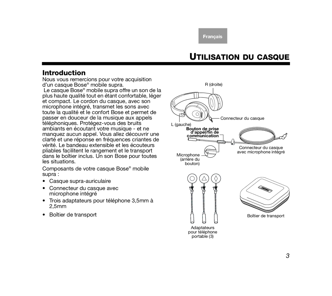 Bose AM319137 manual Utilisation DU Casque, Introduction 