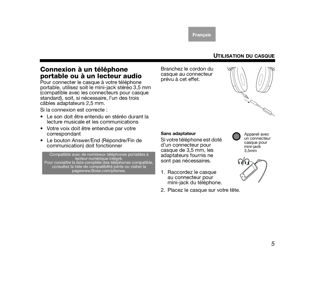 Bose AM319137 manual Connexion à un téléphone portable ou à un lecteur audio 