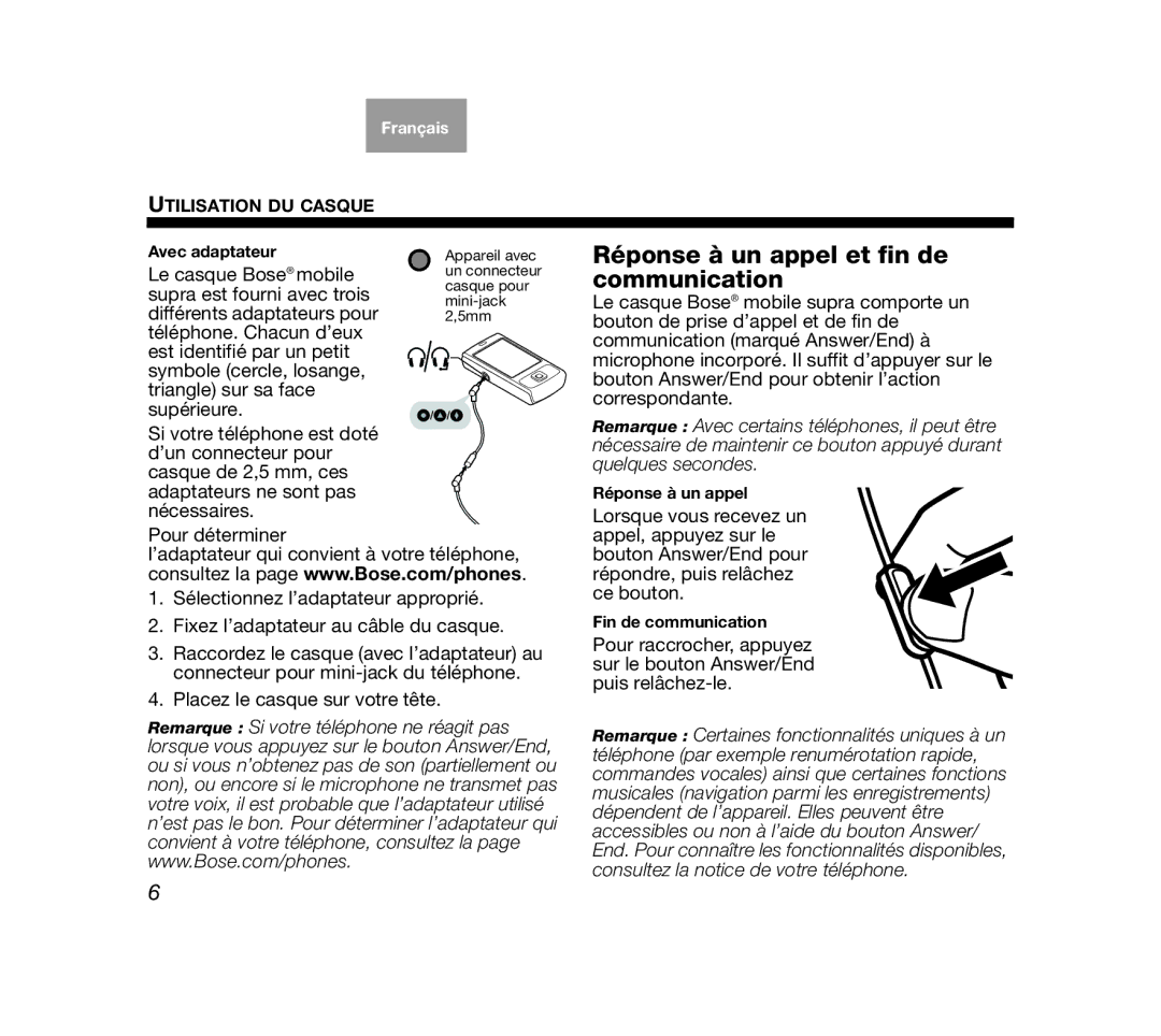 Bose AM319137 manual Réponse à un appel et fin de communication 