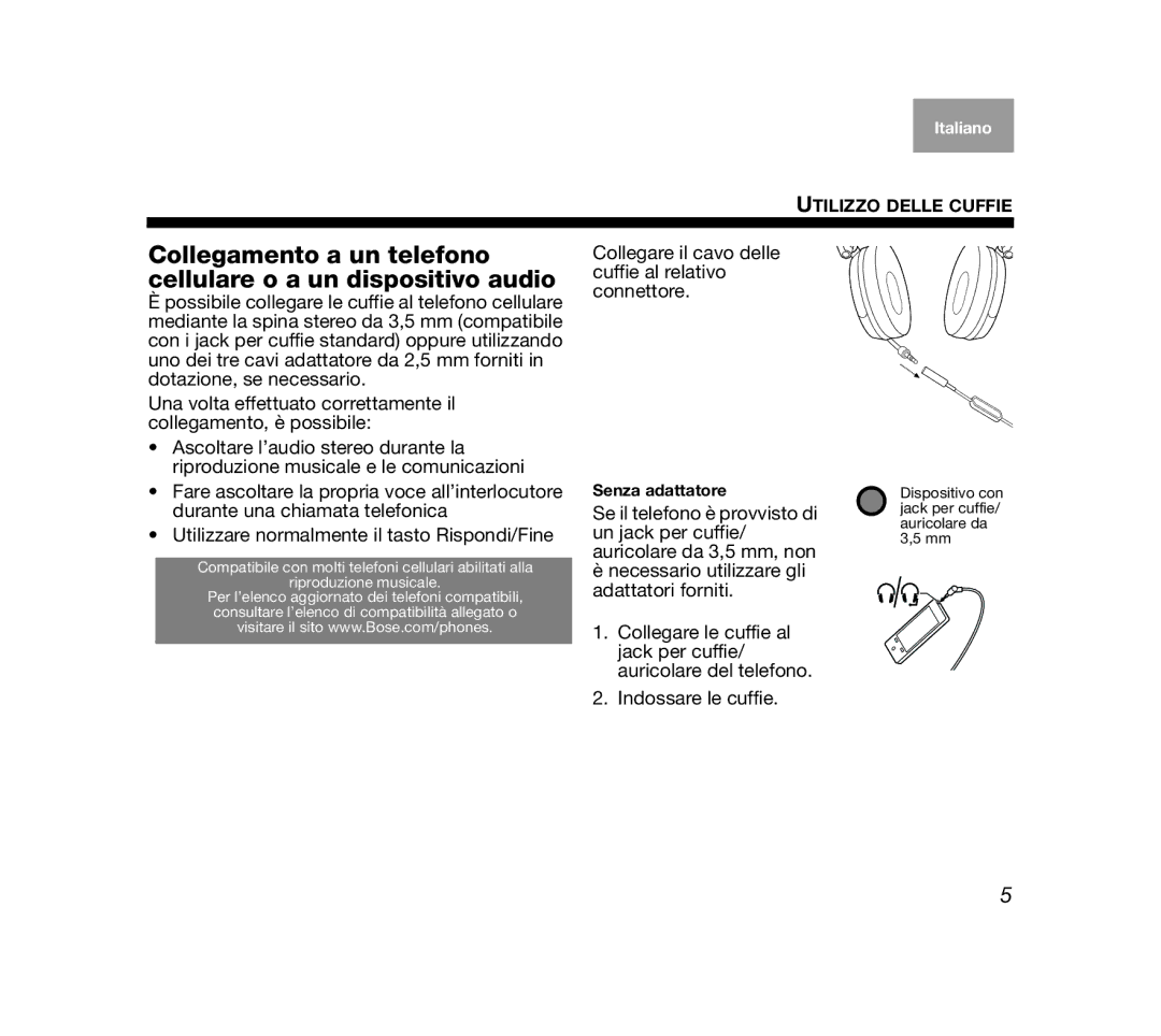 Bose AM319137 manual Collegare il cavo delle cuffie al relativo connettore 