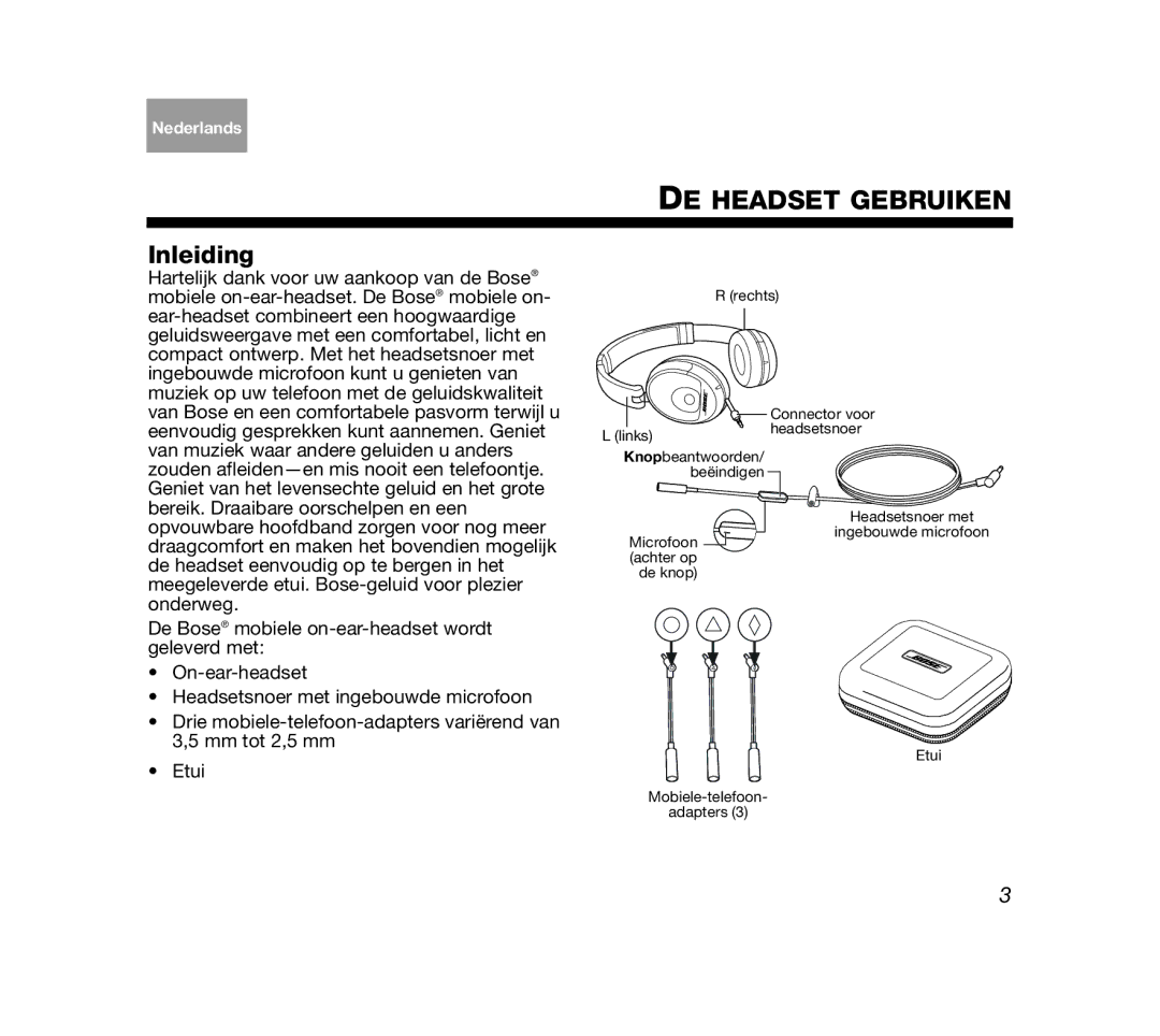 Bose AM319137 manual DE Headset Gebruiken, Inleiding 