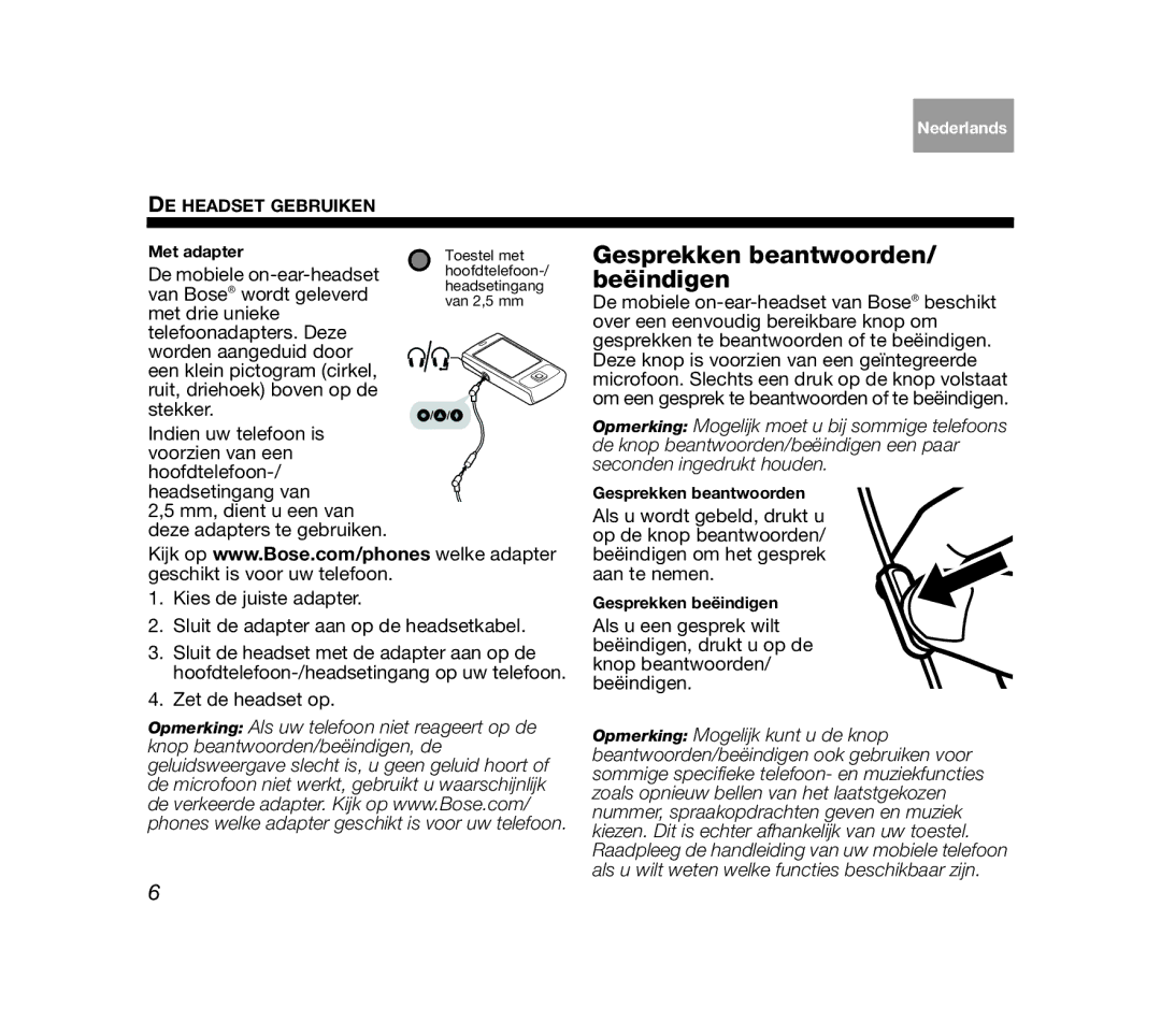 Bose AM319137 manual Gesprekken beantwoorden/ beëindigen 