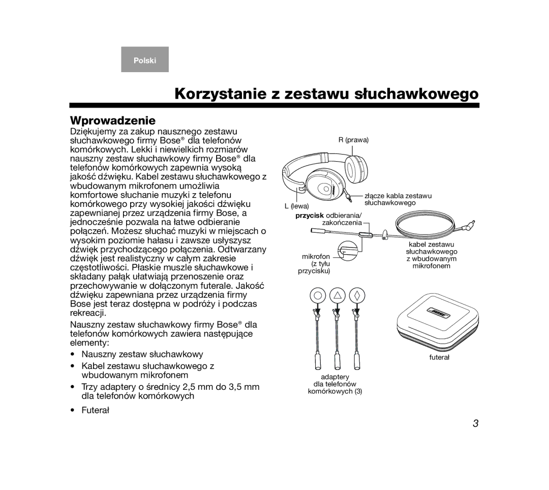 Bose AM319137 manual Korzystanie z zestawu słuchawkowego, Wprowadzenie 