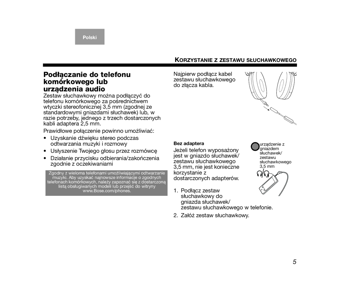 Bose AM319137 manual Podłączanie do telefonu komórkowego lub urządzenia audio 