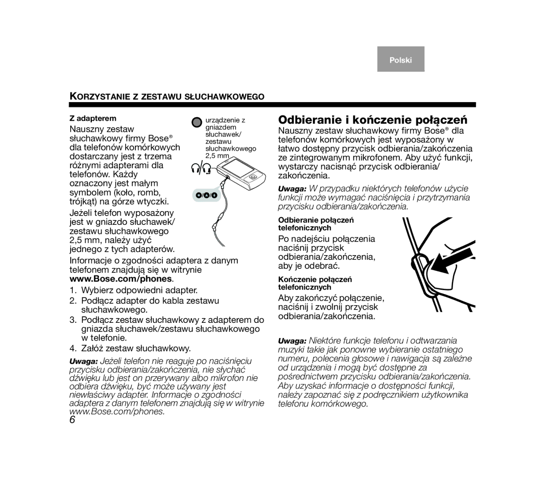 Bose AM319137 manual Odbieranie i kończenie połączeń 