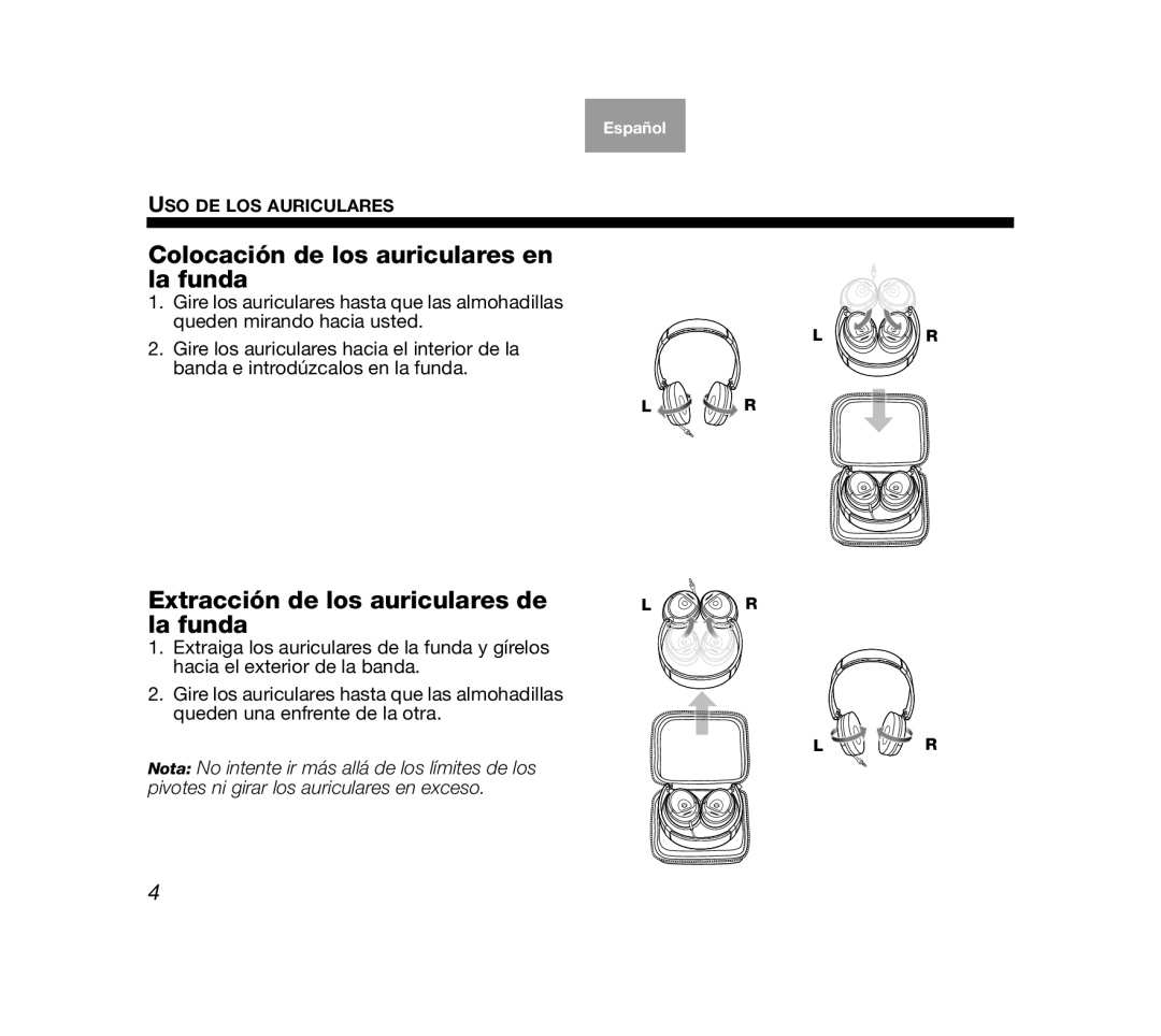 Bose AM319137 manual Colocación de los auriculares en la funda, Extracción de los auriculares de la funda, Español 