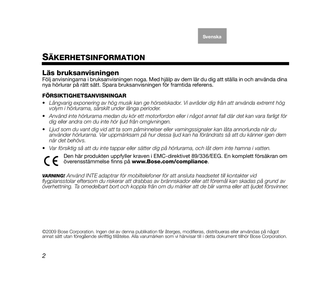 Bose AM319137 manual Säkerhetsinformation, Läs bruksanvisningen, Försiktighetsanvisningar 