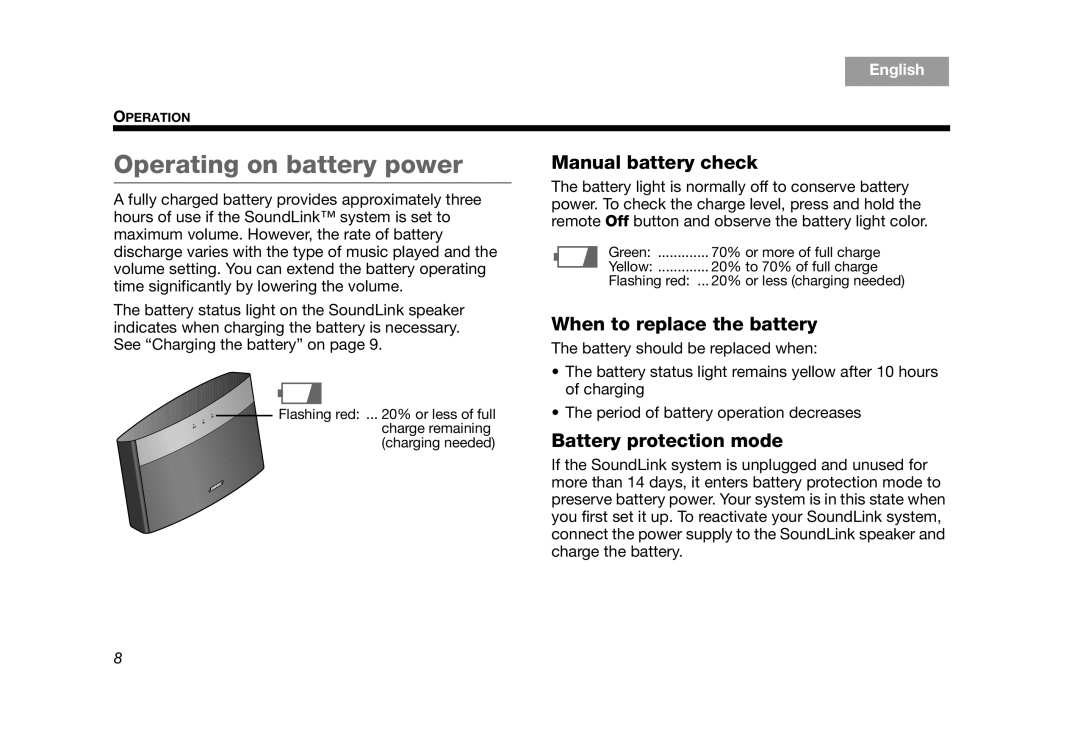 Bose AM319182 manual Operating on battery power, Manual battery check 