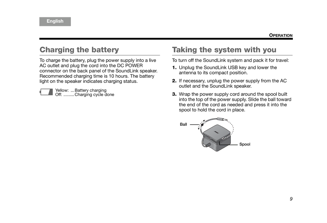 Bose AM319182 manual Charging the battery, Taking the system with you 