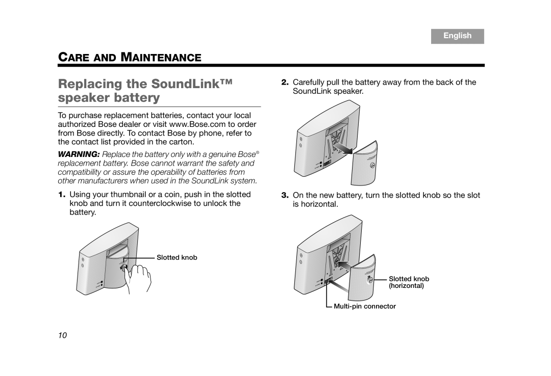 Bose AM319182 manual Replacing the SoundLink speaker battery 