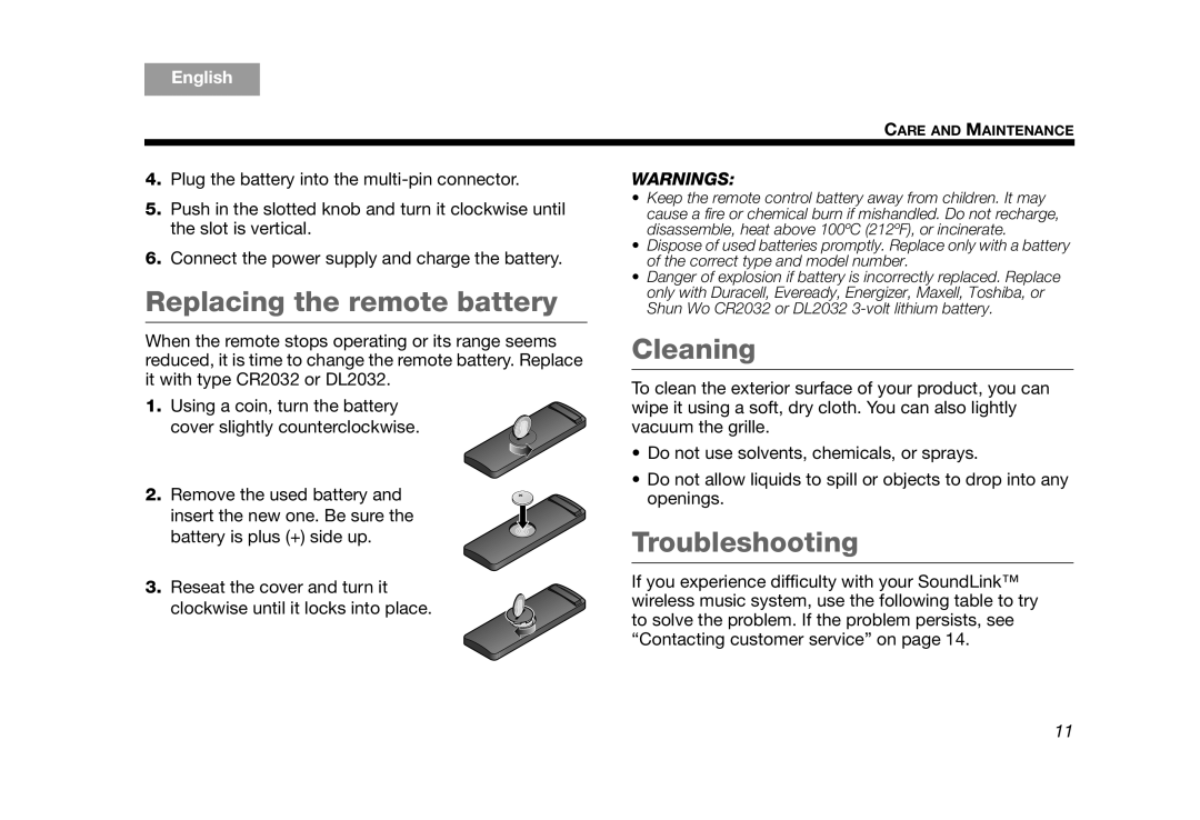 Bose AM319182 manual Replacing the remote battery, Cleaning, Troubleshooting 