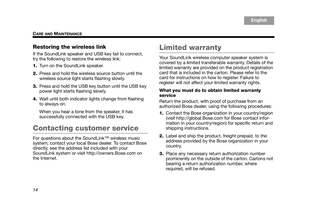 Bose AM319182 manual Contacting customer service Limited warranty, What you must do to obtain limited warranty service 