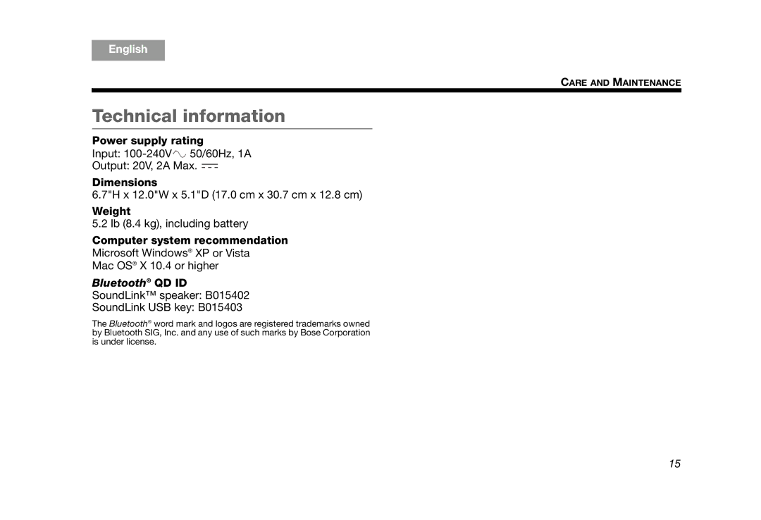 Bose AM319182 manual Technical information, Power supply rating, Dimensions, Weight, Computer system recommendation 