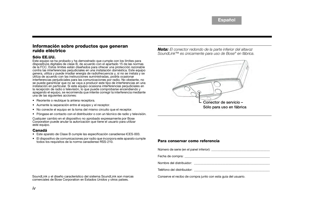 Bose AM319182 manual TAB 8 TAB 7 TAB 6 TAB 5 Español TAB 3 TAB 1, Información sobre productos que generan ruido eléctrico 