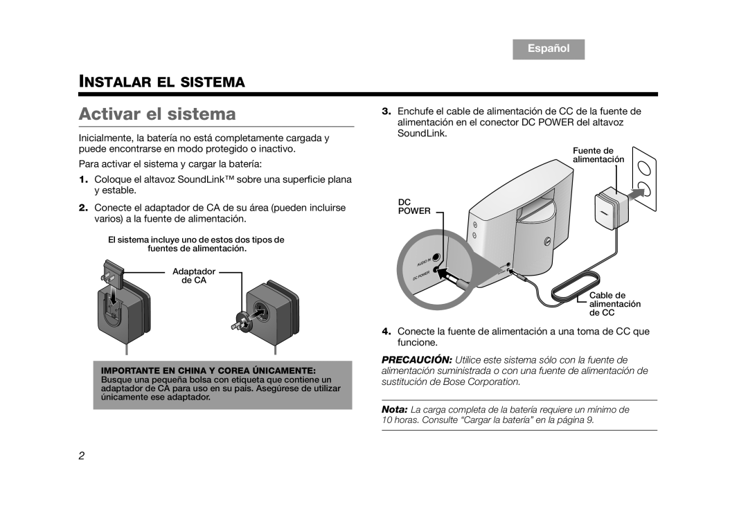 Bose AM319182 manual Activar el sistema, Importante EN China Y Corea Únicamente 