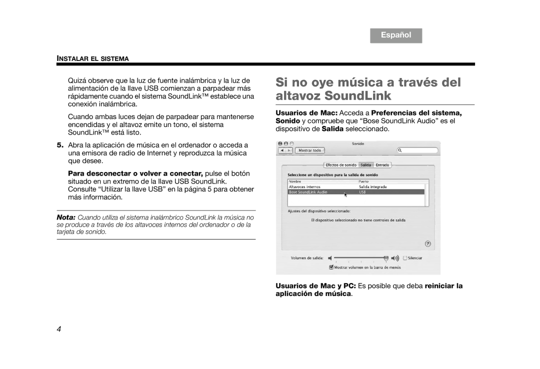 Bose AM319182 manual Si no oye música a través del altavoz SoundLink, TAB 8 TAB 7 TAB 6 TAB 5 Español TAB 3 TAB 1 