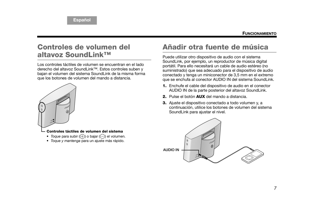 Bose AM319182 manual Controles de volumen del altavoz SoundLink, Añadir otra fuente de música 