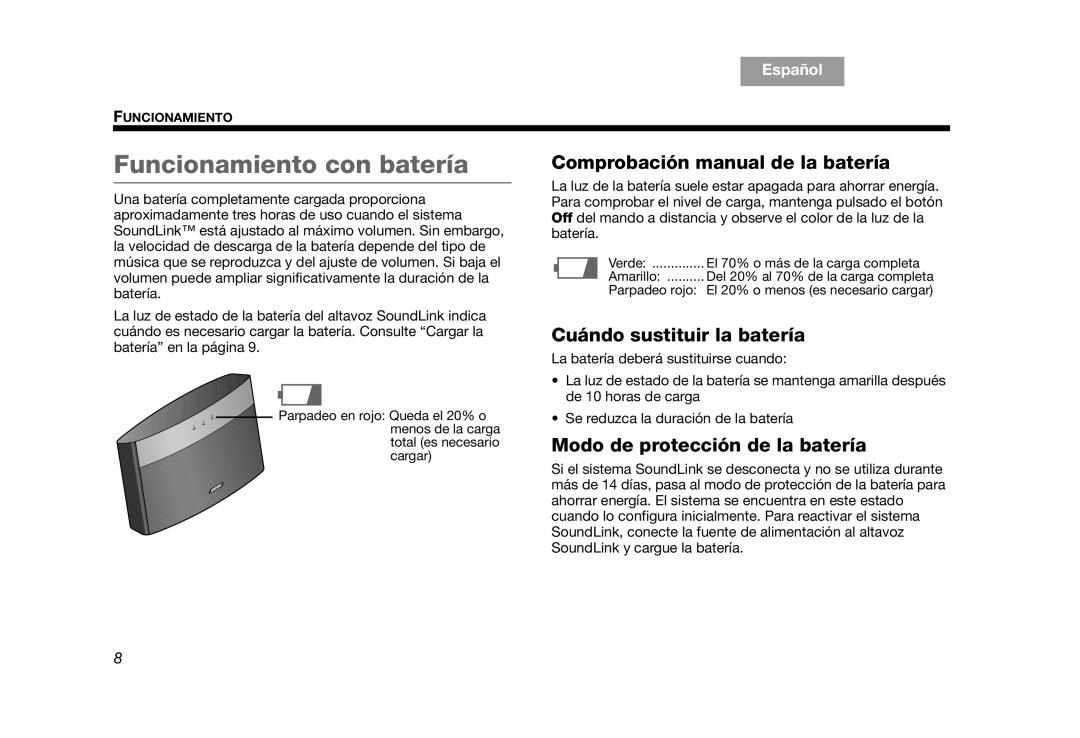 Bose AM319182 Funcionamiento con batería, Comprobación manual de la batería 