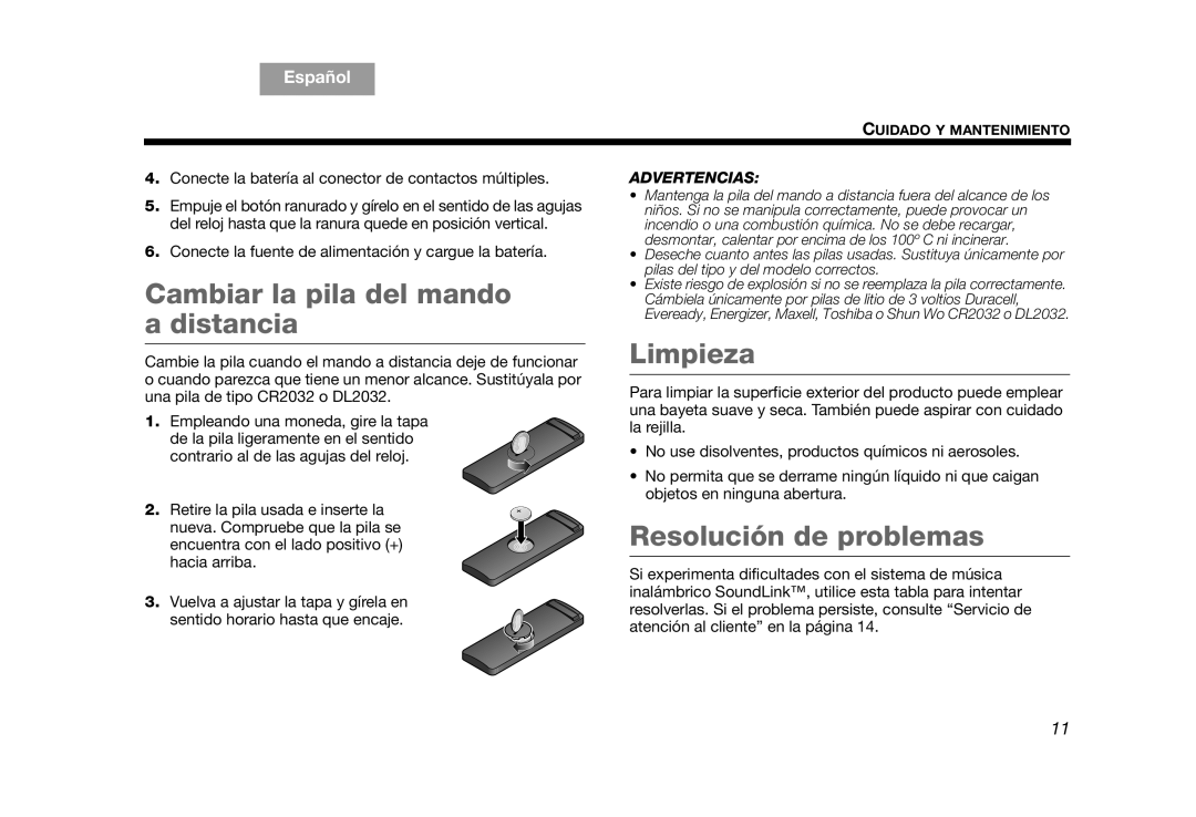 Bose AM319182 manual Cambiar la pila del mando a distancia, Limpieza, Resolución de problemas 