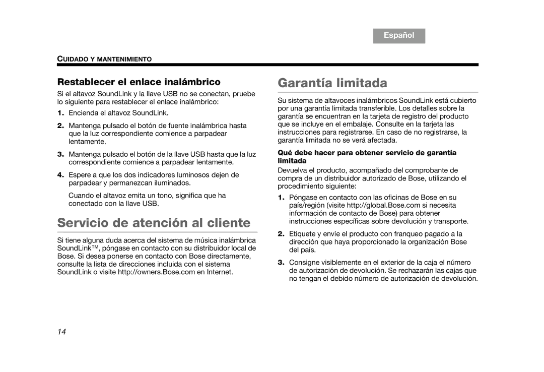 Bose AM319182 manual Servicio de atención al cliente Garantía limitada, Restablecer el enlace inalámbrico 