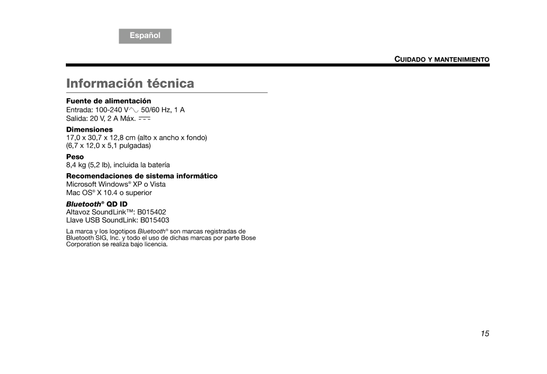 Bose AM319182 manual Información técnica, Bluetooth QD ID 