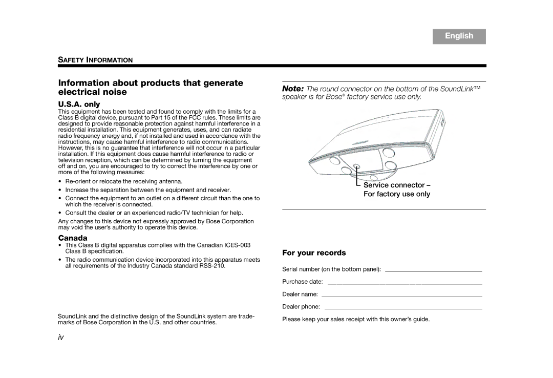 Bose AM319182 manual TAB 8 TAB 7 TAB 6 TAB 5 TAB 4 TAB 3 TAB 2 English, A. only, Canada, For your records 