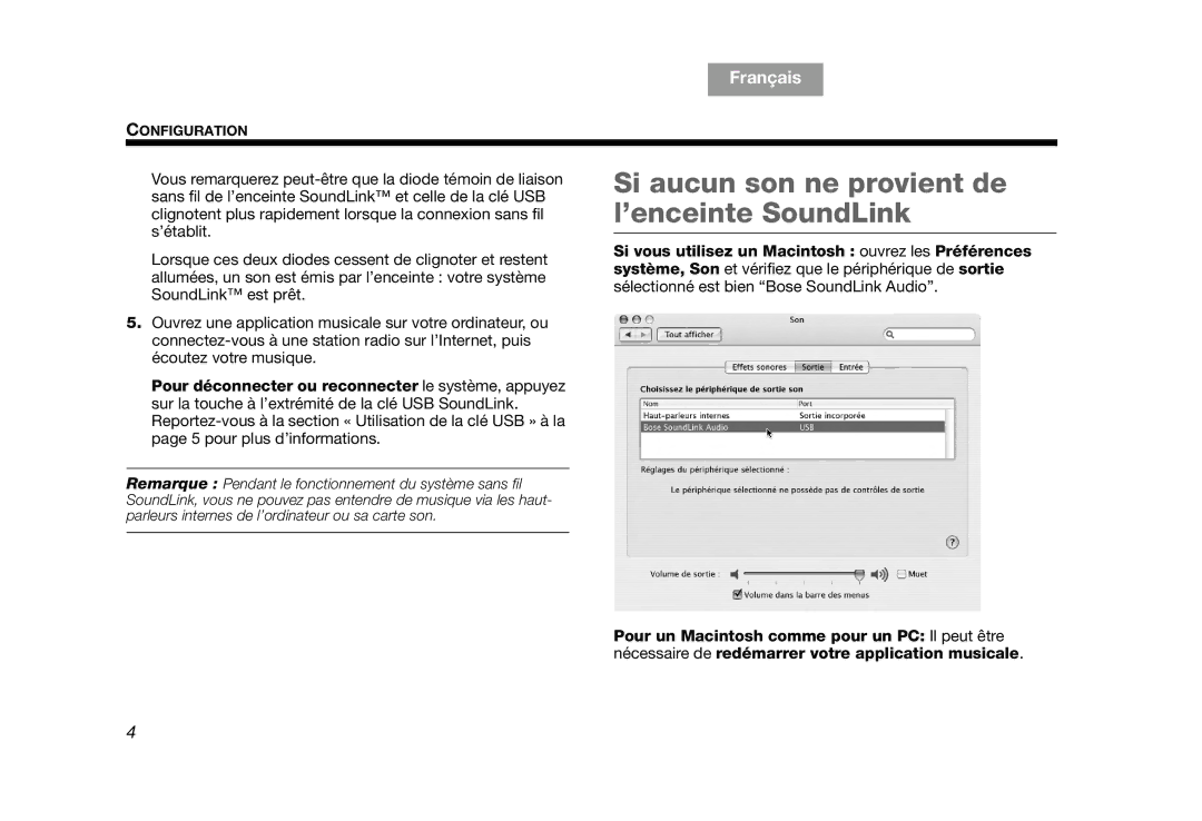 Bose AM319182 manual Si aucun son ne provient de l’enceinte SoundLink, TAB 8 TAB 7 TAB 6 Français TAB 4 TAB 2 