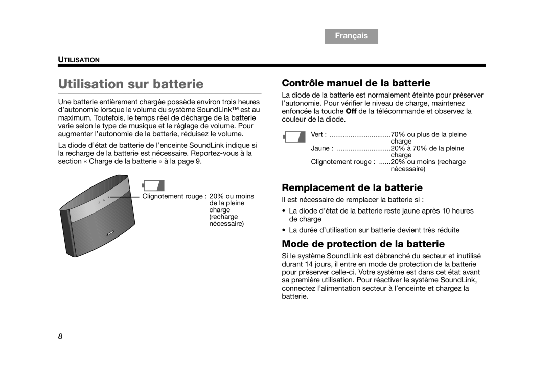 Bose AM319182 manual Utilisation sur batterie, Contrôle manuel de la batterie 