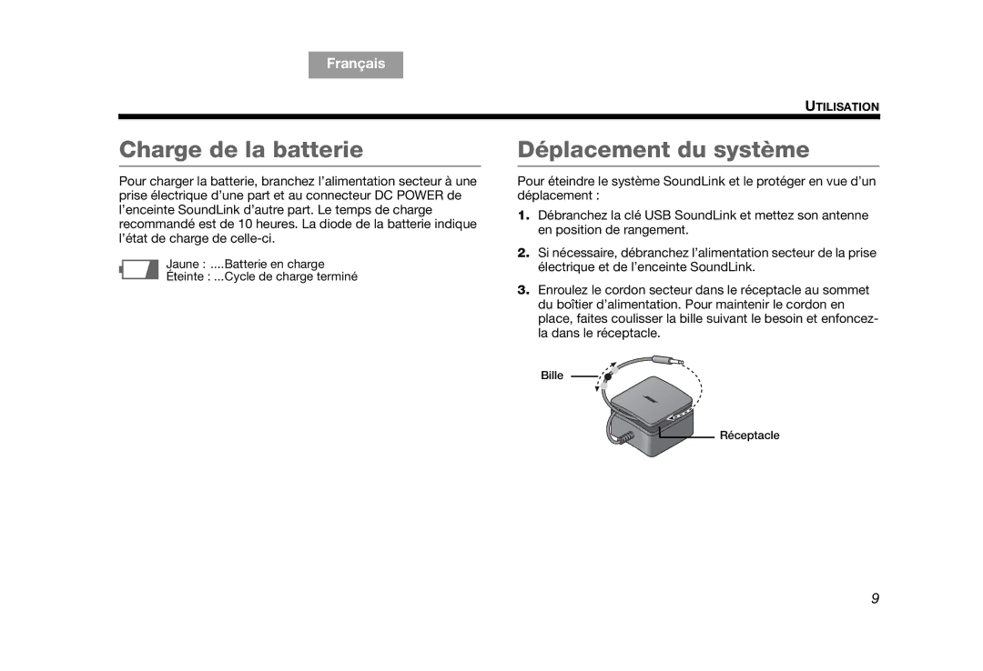 Bose AM319182 manual Charge de la batterie, Déplacement du système 