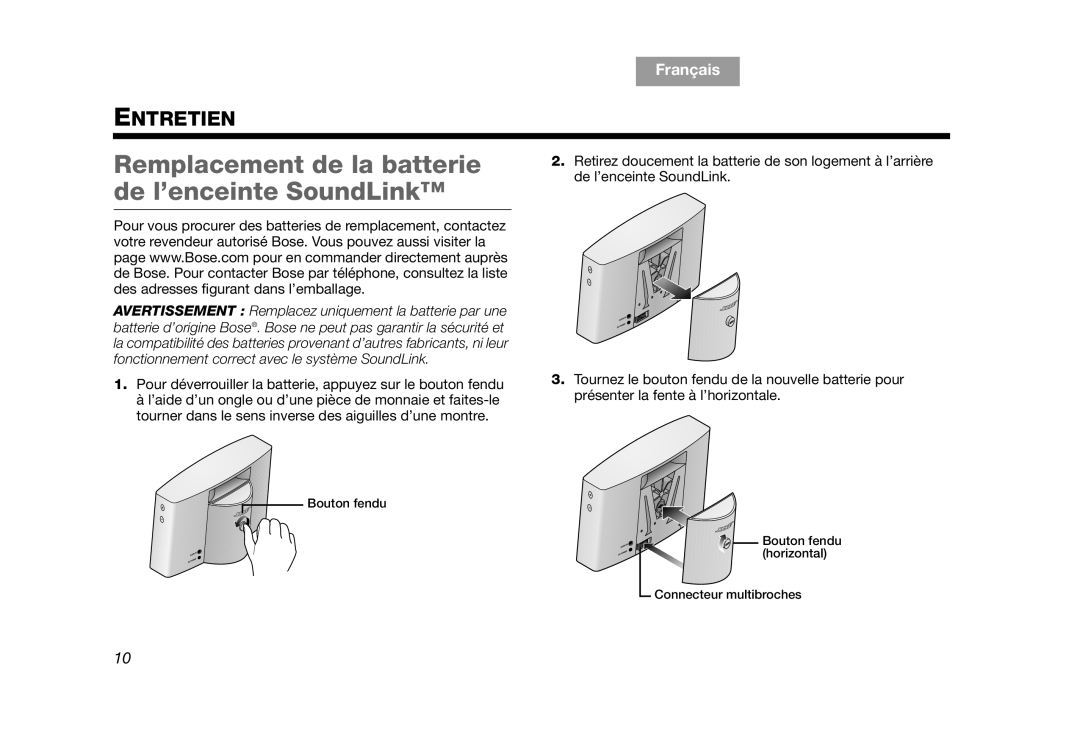 Bose AM319182 manual Remplacement de la batterie de l’enceinte SoundLink, TAB 7 Français TAB 2 