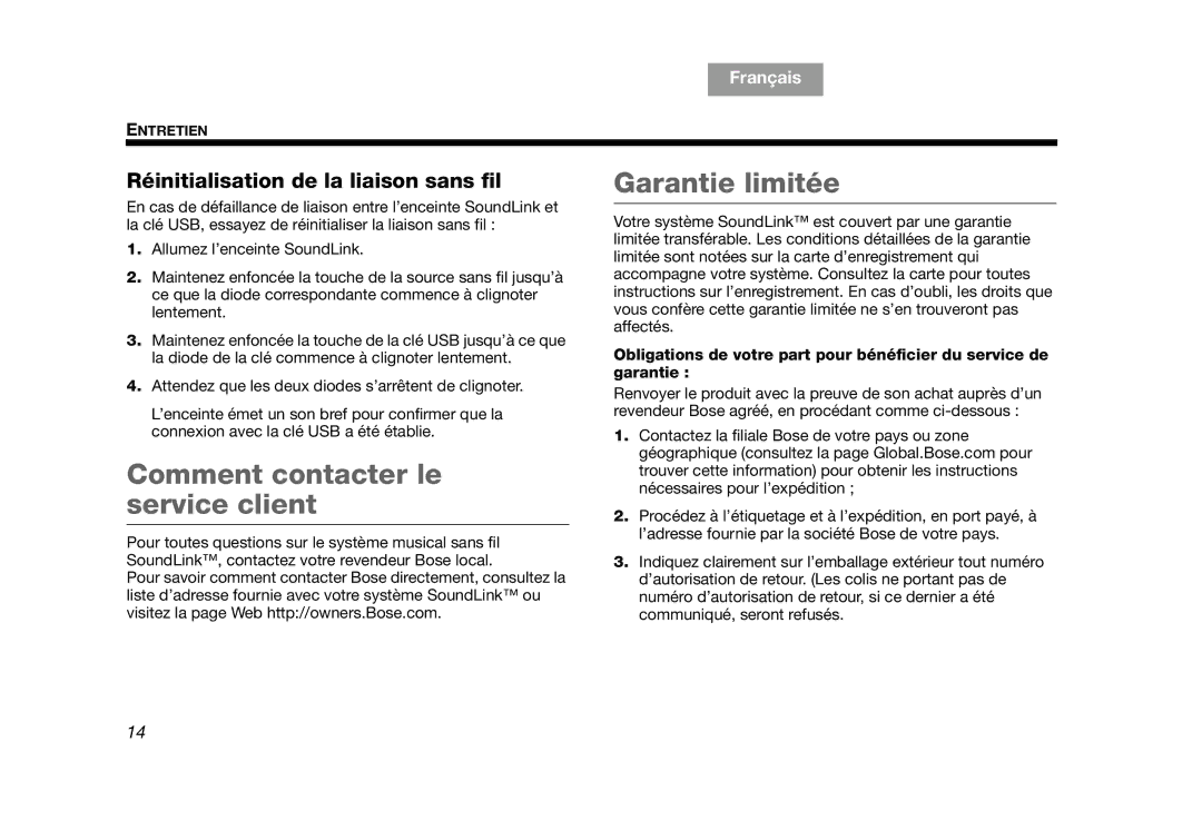 Bose AM319182 manual Comment contacter le service client, Garantie limitée 