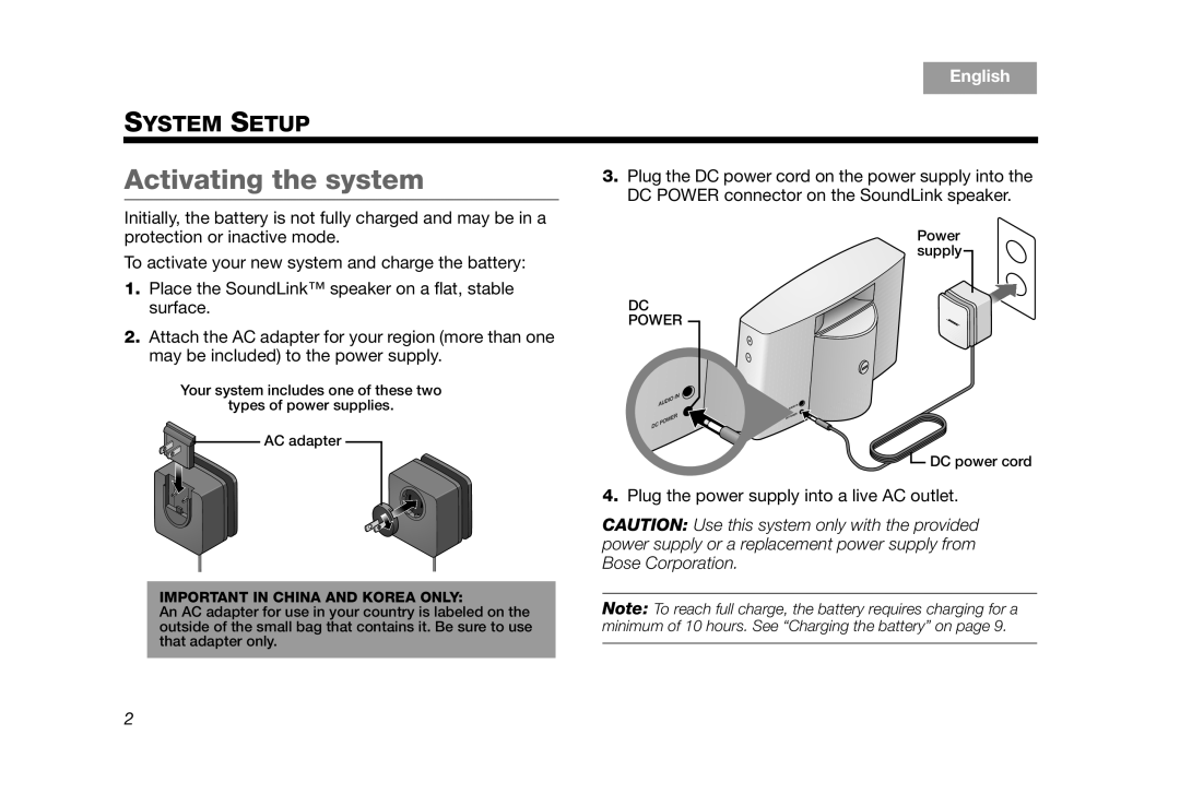 Bose AM319182 manual Activating the system, Important in China and Korea only 