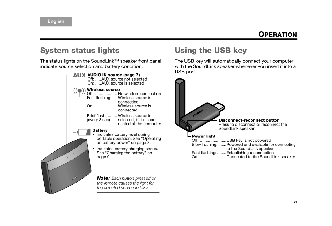 Bose AM319182 manual System status lights, Using the USB key 